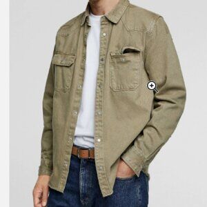 Zara Ripped Denim Overshirt Medium Khaki Shirt Jacket Distressed Denim Western